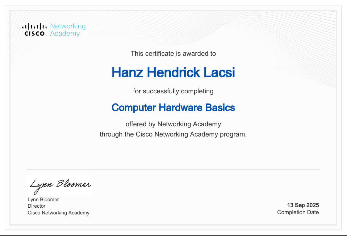 Cisco - Computer Hardware Basics certificate preview